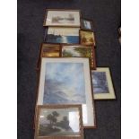 A quantity of assorted framed pictures, oil on board, framed watercolour,