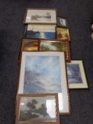 A quantity of assorted framed pictures, oil on board, framed watercolour,