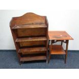 A set of early twentieth century pine bookshelves together with a two-tier Arts and Crafts