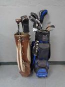 Two golf bags containing assorted irons and drivers