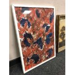 An abstract colour print in a white contemporary frame.