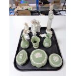 A tray of six pieces of green Wedgwood china, six assorted Nao,