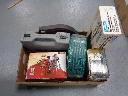 A box of power devil router and cordless drill, Black & Decker sander,