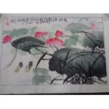 A mid century Japanese watercolour scroll depicting water lily, boxed.