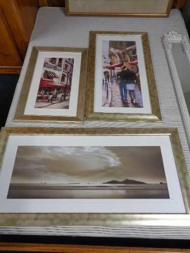 Three contemporary framed prints - Coast and street scenes