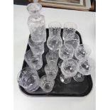 A tray of glass, crystal whisky decanter,