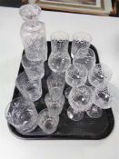 A tray of glass, crystal whisky decanter,