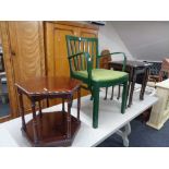 A painted continental armchair and nest of three inlaid mahogany tables and occasional table