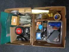 Two boxes of theodolite, drill chucks, wheels, tap and dies,