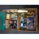 Two boxes of theodolite, drill chucks, wheels, tap and dies,