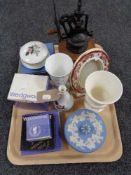 A tray of Wedgwood, lidded dish, Masons mandalay photograph frame,