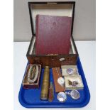 A Victorian inlaid walnut table box together with brass cased pocket telescope, Martins money bank,
