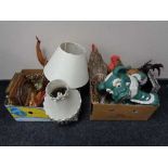 Two boxes of mirrors and prints, two hen figures, large pottery dog,