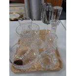 A tray of glass ware, crystal decanter, fruit bowl,