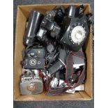 A box of retro style telephone, large quantity of cameras, Canon Eos 100, lenses and accessories,