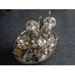A plated gallery tray of plated wares, four piece tea service, cutlery, napkin rings,