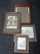 An Edwardian dressing table mirror together with an Edwardian oak framed print and two further