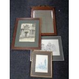 An Edwardian dressing table mirror together with an Edwardian oak framed print and two further