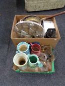 Two boxes of bed warming pan, glasses, serving tray,