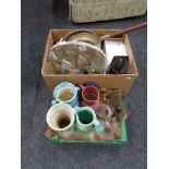 Two boxes of bed warming pan, glasses, serving tray,