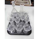 A tray of glass, decanter (Af), wine carafe,