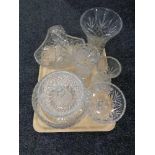 A tray of glass ware, cut glass and crystal fruit bowl, vases,