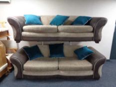 A pair of large two seater settees in two-tone fabric