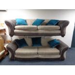 A pair of large two seater settees in two-tone fabric