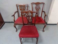 Two Victorian mahogany Hepplewhite style chairs, plus one other.