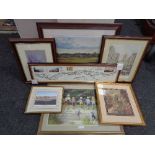 Seven framed pictures - golfing prints, map,