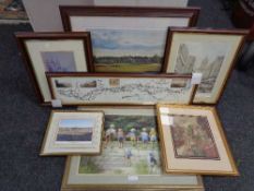 Seven framed pictures - golfing prints, map,