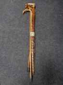 Five antique walking sticks (one with silver mount)