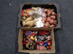 Two boxes of Christmas decorations and twentieth century dolls of the world