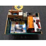 A box of power tools, Black & Decker jigsaw and heat gun,