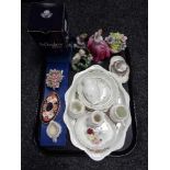 A tray of china, Aynsley ware, china flower posies, Royal Crown Derby trinket dish,