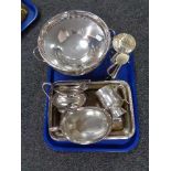 A tray of twentieth century plated wares, Sheffield plate, Milk jug and sugar basin, tankards,