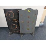 Two antique metal fire screens with hand painted decoration