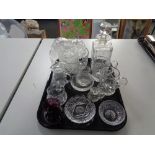 A tray of glass, whisky decanter, dessert bowl set, tankards,