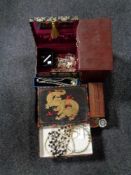 A tray of jewellery boxes, costume jewellery, beaded necklaces,