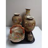 A tray of Oriental wares, pair of Japanese Satsuma ware vases,