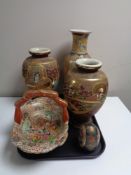 A tray of Oriental wares, pair of Japanese Satsuma ware vases,