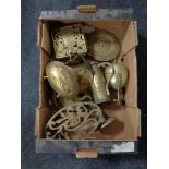 A box of antique and later brass ware, teapot, trivets,