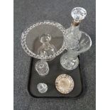 A tray of glass, silver plated and crystal decanter, preserve pot,