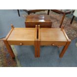 A pair of single drawer bedside stands together with a mahogany work table with undershelf