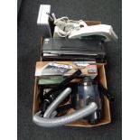 Two boxes of electricals, cylinder vacuum, printer, metal cash box, coin collector's cabinet,