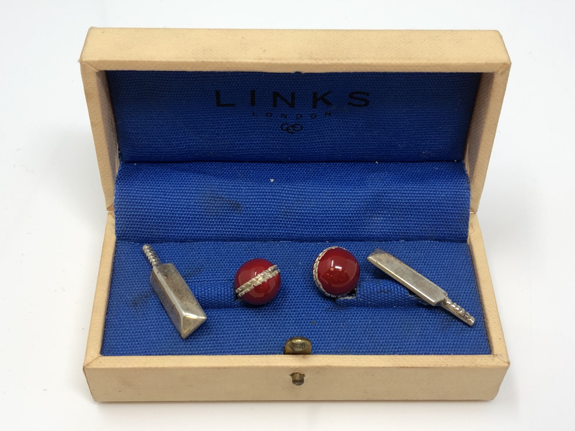 Cricket interest: A pair of silver and enamel cuff links by Links of London, boxed.