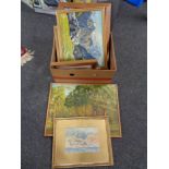 A box of assorted pictures and prints, oils on board, needlework of native Americans on horse back,