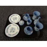 A tray of eight pieces of Wedgwood blue and white Jasperware together with a pair of Wedgwood