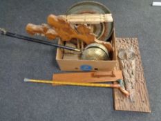 A box of wooden linen iron, panel, brass topped table,