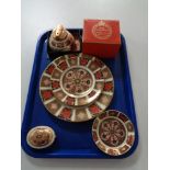 A tray of Royal Crown Derby - boxed table lighter, lidded trinket box,